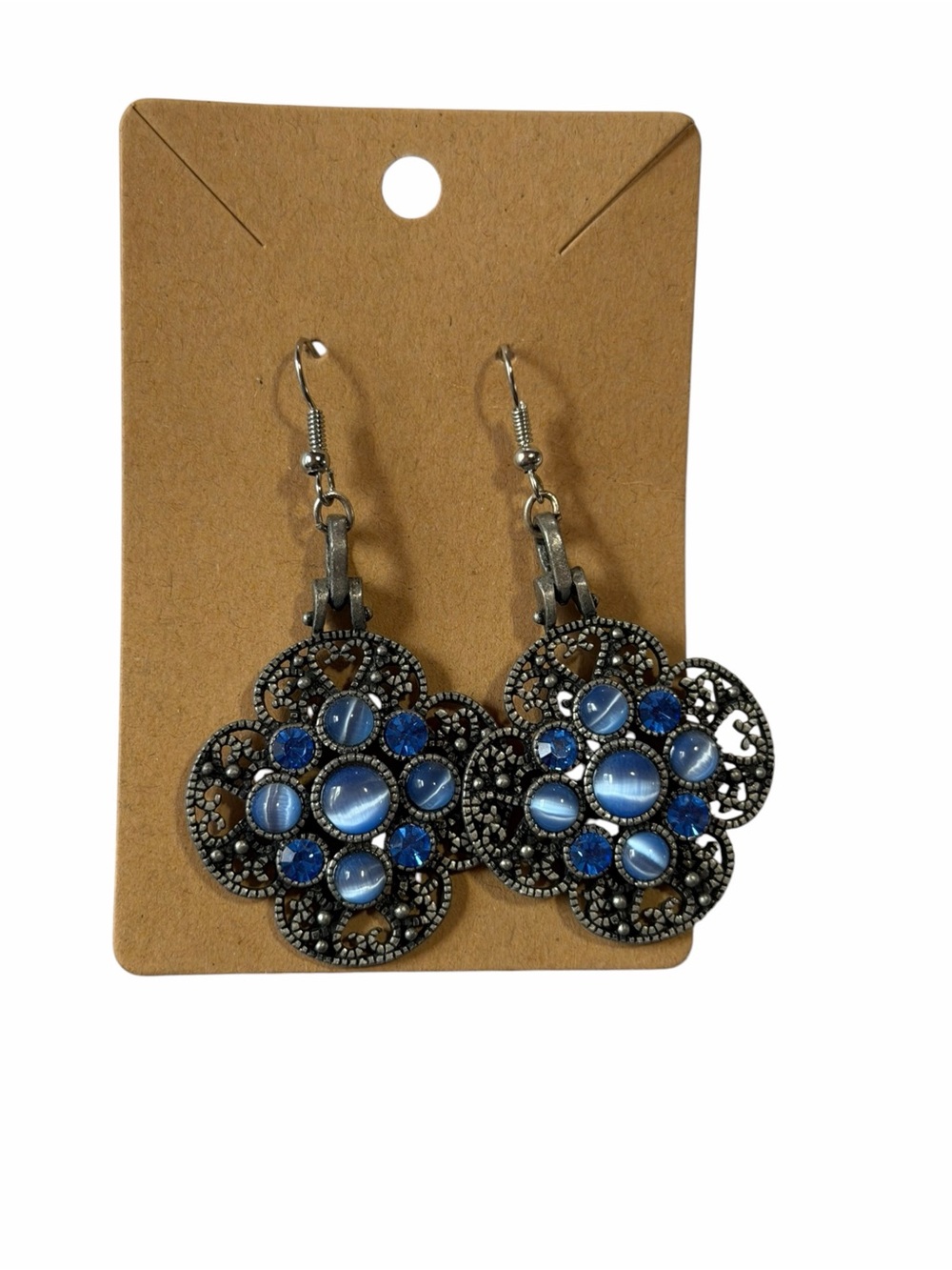Blue Filigree Drop Earrings with Blue Gems